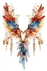 Obraz premium A vibrant watercolor illustration of a majestic bird with intricate feather patterns and floral elements, perfect for nature-themed designs, art prints