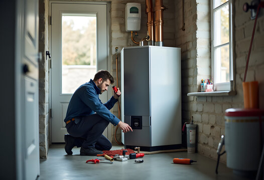 Maintenance worker fixing a boiler in a modern utility room with tools scattered around