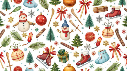Seamless pattern with Christmas elements. Hand drawn vector illustration.