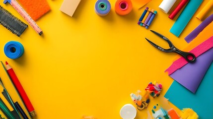 Colorful Crafts Supplies on Yellow Background