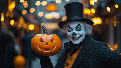 Naklejka premium Spooky Clown with Jack-o'-Lantern in Festive Halloween Setting