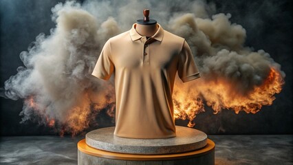 Mock up 3D beige polo shirt on a black background podium with light smoke