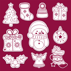 cute flat isoalted set of outline 10 stickers with christmas decorations. vector simple outline sticker pack