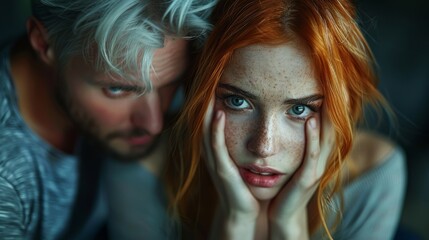 Obraz premium The image of a young woman, her fear-stricken face revealing her depression and the oppressive anxiety she's experiencing.