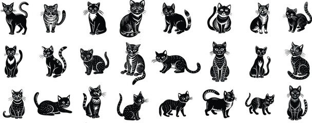 Funny black cats. Isolated crazy cat in different poses. Cute kitty angry hunting hiding sleeping and washing. Children stickers racy vector clipart
