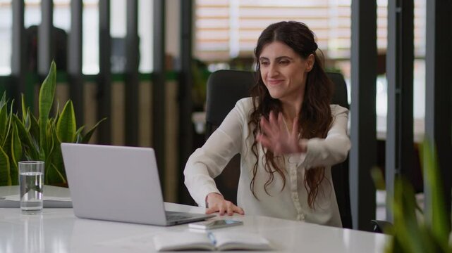 Happy girl Caucasian business woman female winner worker businesswoman rejoice celebrate victory online achievement success good result win amazing news email laptop shout excited spin on chair office