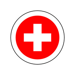 A round icon in the colors of the Swiss flag. 