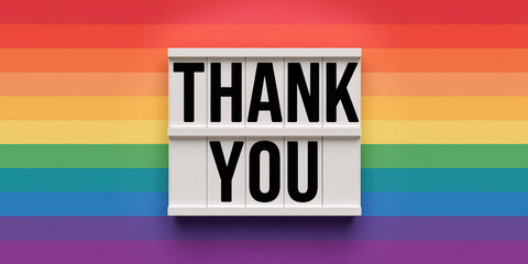 Large "Thank You" text in black on a clean white lightbox, centered against a bold, horizontal rainbow gradient background, creating a modern and striking appreciation message with vibrant colors.