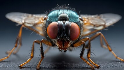 Fototapeta premium Close-up of a Vibrant Housefly Perched on a Surface in a Dark Setting Highlighting Its Intricate Features