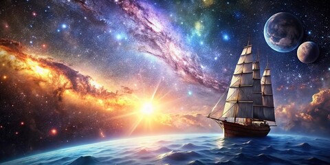 Grotesque majestic solar sailer spaceship against cosmic backdrop