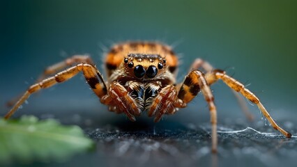 Fototapeta premium Close-up of a Vibrant Jumping Spider Resting on a Surface With a Blurred Green Background
