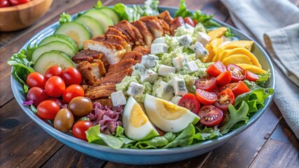 A delicious cobb salad featuring fresh greens, grilled chicken, avocados, and a variety of toppings served on a rustic wooden table