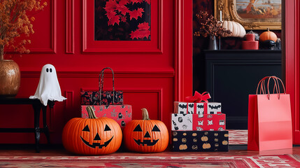 Obraz premium A colorful Halloween display showcases two carved pumpkins with cheerful faces, surrounded by themed gift boxes and a whimsical ghost decoration against a striking red wall