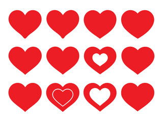 Set of Red Heart Flat Cartoon Icons. Romantic Abstract Symbols in Various Shapes for Valentine's Day.
