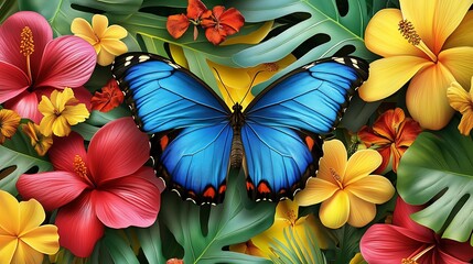 Tropical Butterfly with Hibiscus and Frangipani Flowers