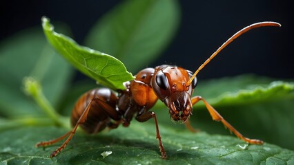 Naklejka premium Close-up of an Orange Ant Resting on Green Leaves in a Natural Setting During Daylight Hours