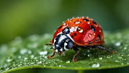 Obraz premium A Vibrant Ladybug on a Dewy Green Leaf During a Rainy Morning in a Lush Garden