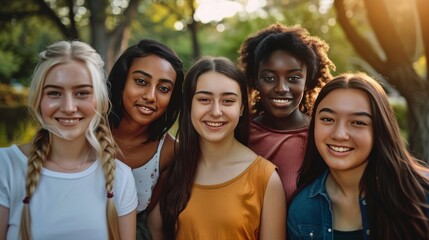 Obraz premium Group of diverse young women, all smiling and standing closely