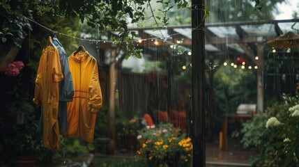 Raincoats Hanging On Clothesline In Backyard