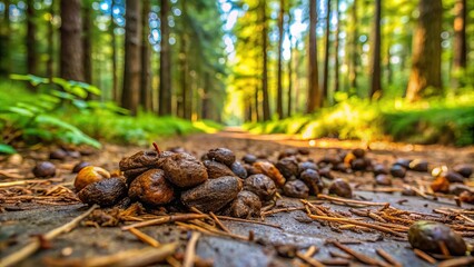 Obraz premium In a forest setting, a close-up displays animal feces mingled with fallen leaves on the ground, highlighting the