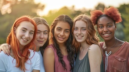 Obraz premium Group of diverse young women smiling and standing closely together, showcasing different ethnic traits