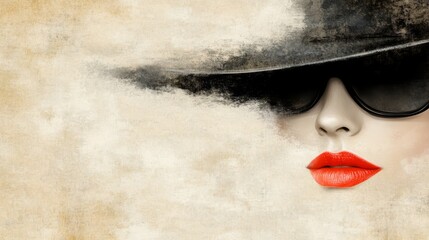 A mysterious woman in a wide-brimmed hat and sunglasses, her red lips the only visible feature.  A  abstract background creates a sense of intrigue.