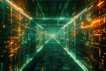 Fototapeta premium A bright hallway filled with green and orange neon lights, perfect for commercial or industrial settings