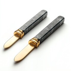 Elegant dual blade knife with gray marble handles on a white isolate background.