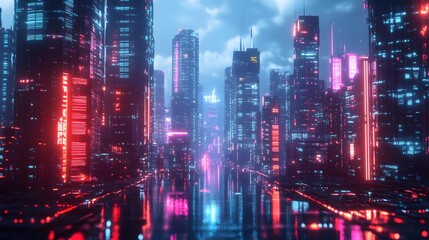 Smart city 3D neon glowing cityscape. Intelligent building automation night futuristic business concept. Web online vivid color cyberpunk retrowave. Urban technology banner vector illustration. 