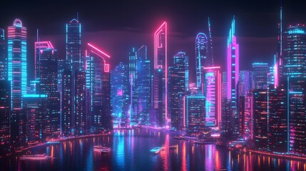 Smart city 3D neon glowing cityscape. Intelligent building automation night futuristic business concept. Web online vivid color cyberpunk retrowave. Urban technology banner vector illustration. 