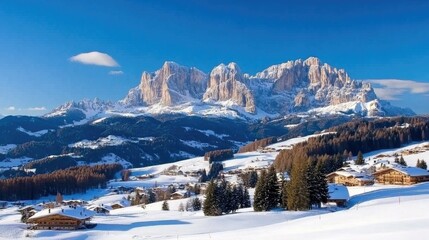 A serene winter village in the mountains with snow-covered houses and trees under a bright blue sky