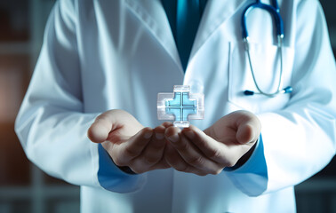 Doctor holding a plus sign in a laboratory focusing on healthcare and scientific research.