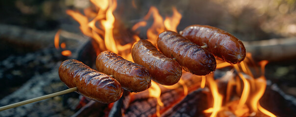 Roasting sausage or Bratwurst on a stick on fire