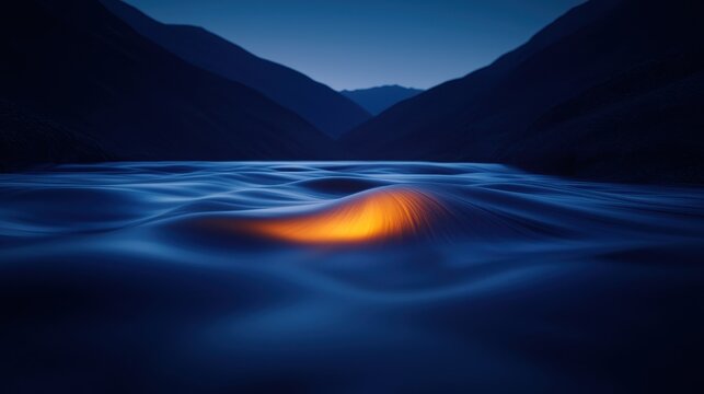 Calm water surface reflecting orange light