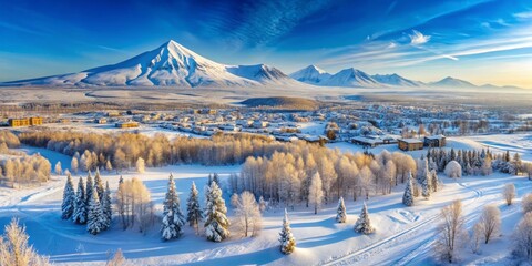 In Verkhoyansk, Russia, a breathtaking winter landscape unfolds as snow-covered mountains rise against a brilliant blue