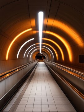 Modern Subway Entrance with Train on Parallel Tracks