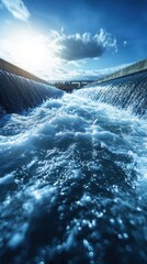 Flowing water stream with sunlight reflection.