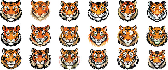 Set of fierce tiger heads with wide open roaring mouth