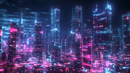 Smart city 3D neon glowing cityscape. Intelligent building automation night futuristic business concept. Web online vivid color cyberpunk retrowave. Urban technology banner vector illustration. 