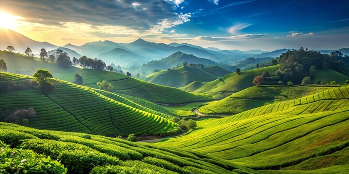 Munar's stunning landscape showcases lush tea plantations and rolling green hills, all under a brilliant blue sky,