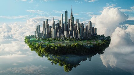 Fototapeta premium A futuristic city floating in the sky, surrounded by fluffy clouds.