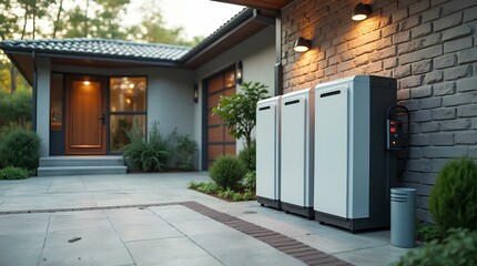 Concept of a home battery packs alternative electric energy storage system at modern home garage wall as backup or sustainable energy concepts. power industry of renewable electricity equipment