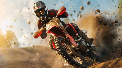 A person rides a dirt bike on a dirt track, with a scenic background