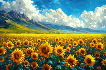 Obraz premium Sunflowers background, summer landscape with many sunflowers in oil painting style illustration.