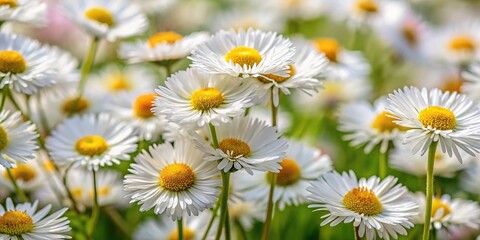 Heap of white erigeron annuus flowers resembling wild chamomiles on tilted angle natural background
