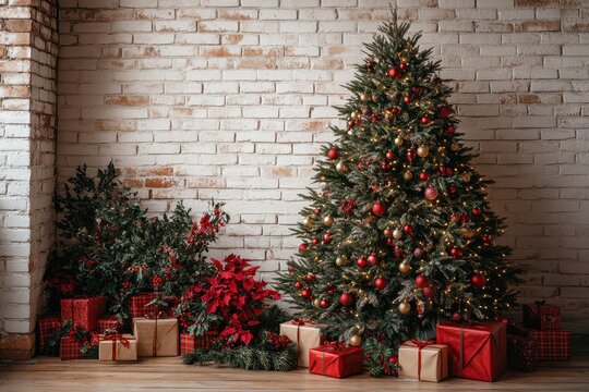 A Christmas tree with gifts on a wooden floor near a white brick wall background, New Year and Christmas concept, 8K resolution, real photo, photography in the style of the photographer
