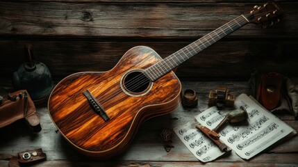 Fototapeta premium Wooden Acoustic Guitar on Rustic Music Studio Wall.