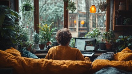 A Man Working on a Laptop in a Room Full of Plants