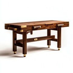 Stylish wooden workbench with elegant design and metallic accents, white isolate background.