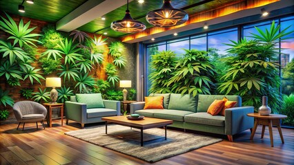 Stylish cannabis interiors blend abundant plants, creative decor, and a tranquil vibe, fostering a calming environment